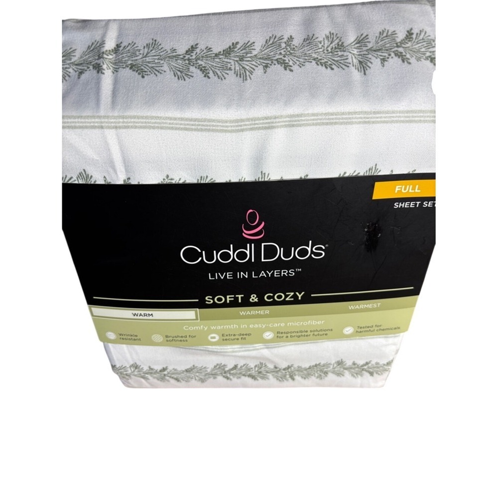 Cuddl Duds Full Microfiber Sheet Set Green Pine Sprig Pattern GIFT NEW